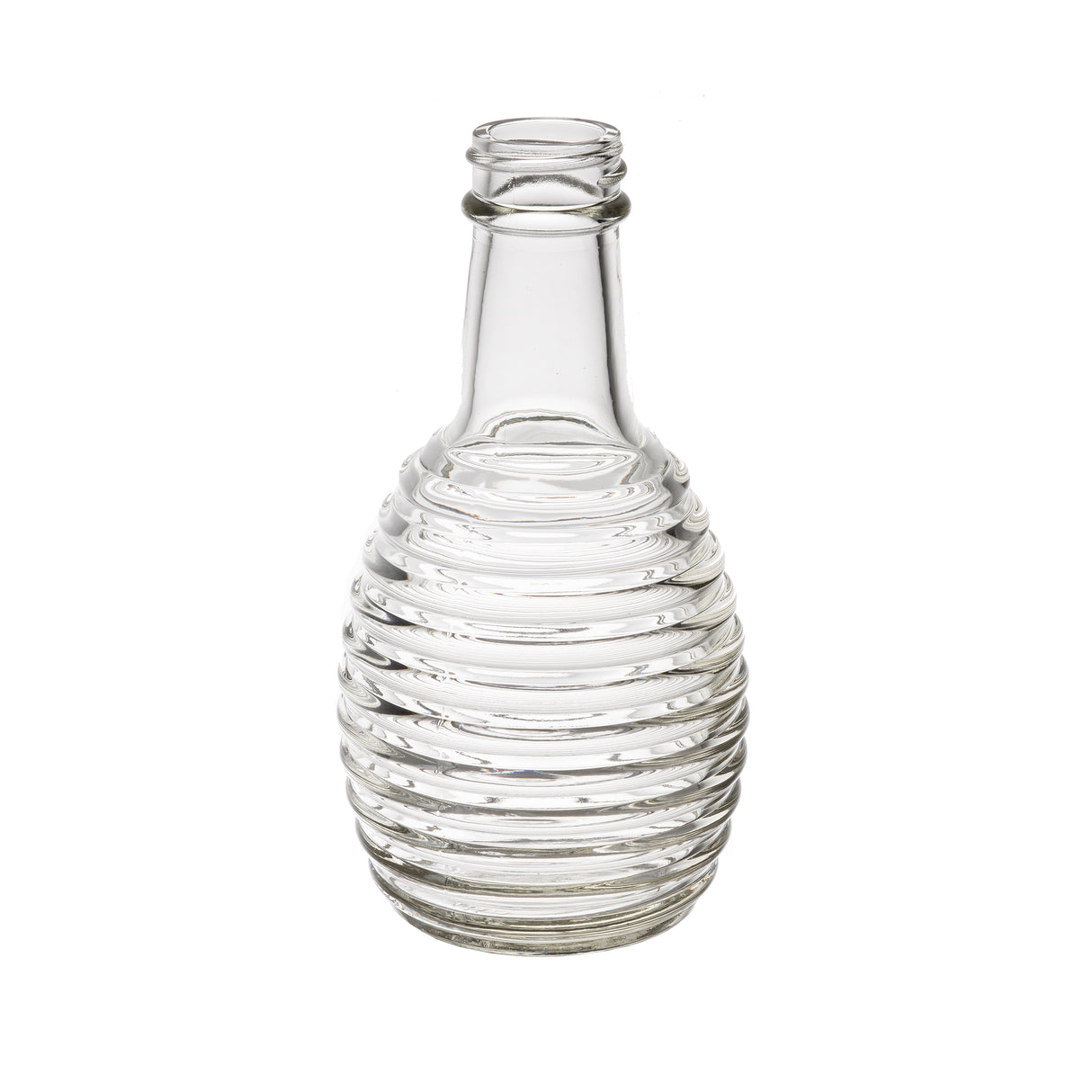 A clear 6 oz glass bottle with a narrow neck and wide, rounded body featuring evenly spaced horizontal ridges. Ideal as a replacement jar for oil/vinegar, the empty bottle is photographed against a plain white background.