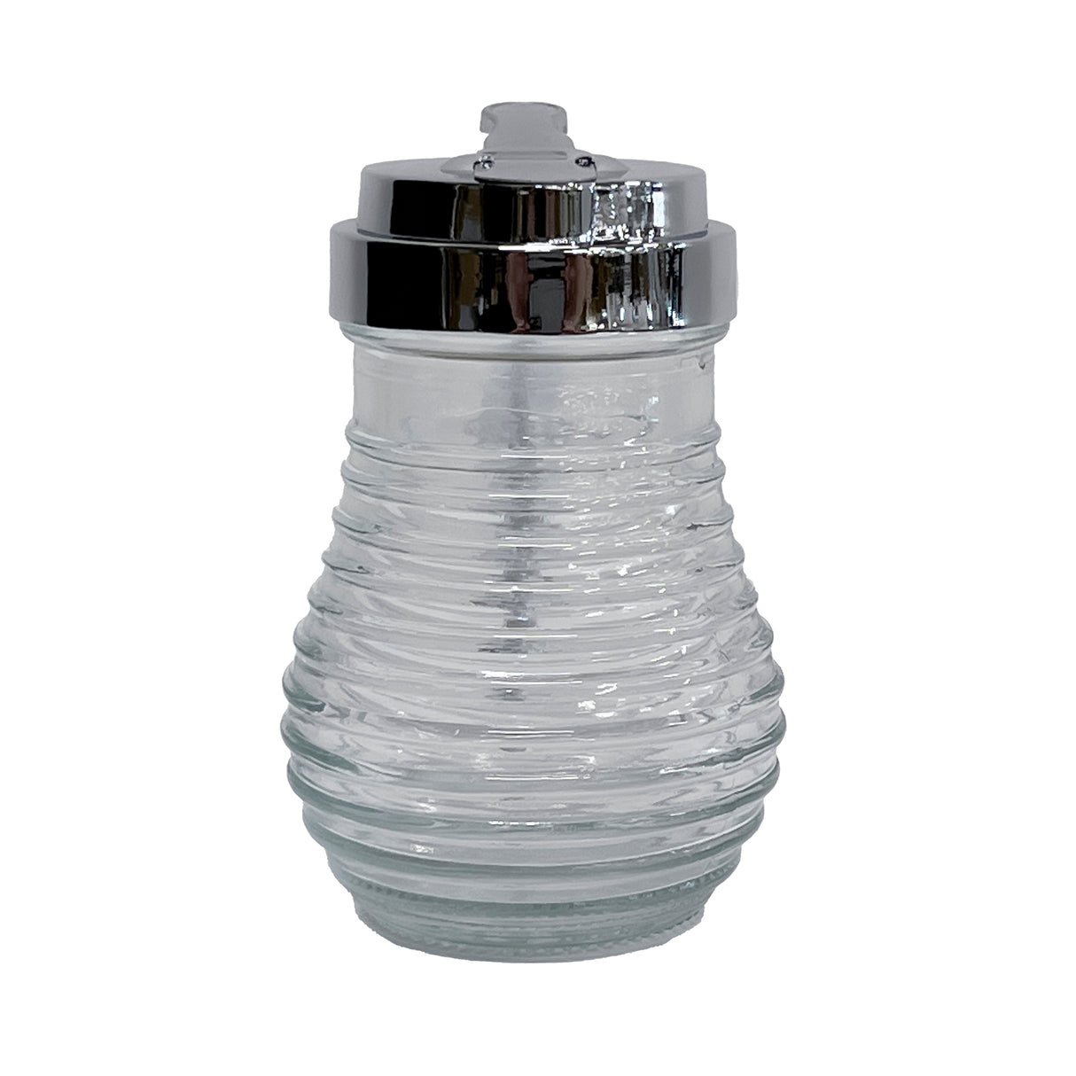A clear, ribbed glass sugar or syrup dispenser from the TableCraft Beehive Collection, featuring a shiny silver metal lid with a small spout. The beehive-like jar is reflective and empty, perfect for stylish tabletop use.