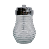 A clear, ribbed glass sugar or syrup dispenser from the TableCraft Beehive Collection, featuring a shiny silver metal lid with a small spout. The beehive-like jar is reflective and empty, perfect for stylish tabletop use.