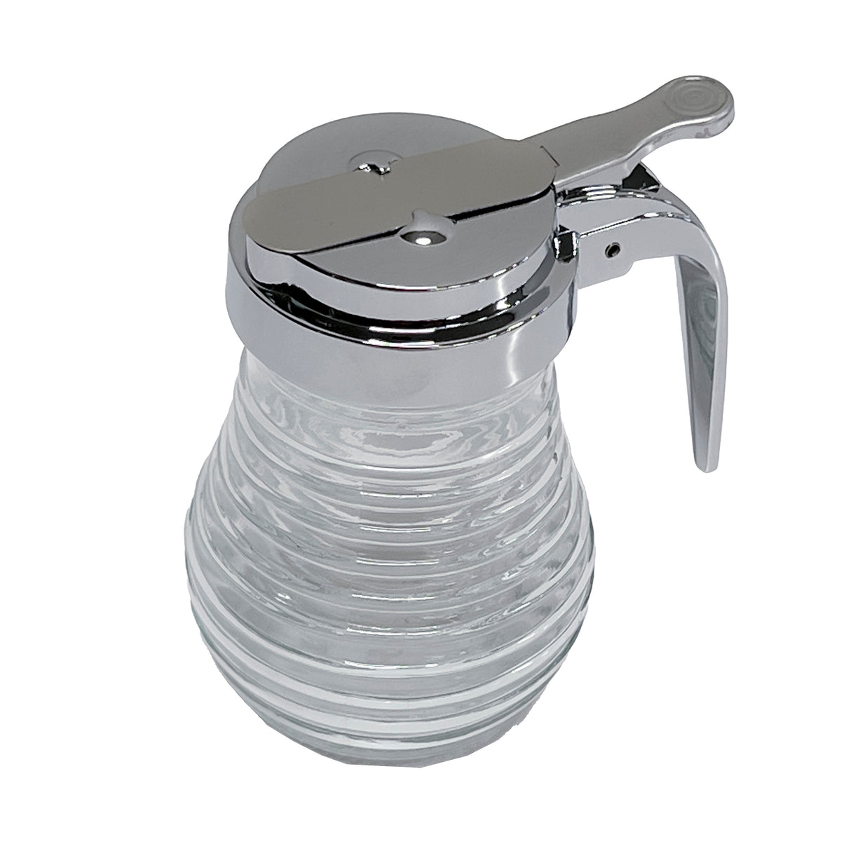 A clear, ribbed glass syrup dispenser from the TableCraft Beehive Collection with a shiny chrome lid and metal handle. The lid features a lever mechanism for pouring and a small round hole, all atop an empty, rounded base.
