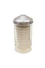 A clear ribbed glass TableCraft sugar pourer filled with white granulated sugar, topped with a shiny metal lid featuring a small central hole, set against a plain white background.