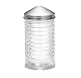 A clear ribbed glass 12 oz sugar pourer with a metal, cone-shaped lid and central pouring opening. The cylindrical container features horizontal ridges and stands upright against a white background.