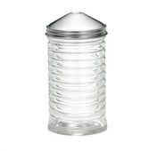 A clear ribbed glass 12 oz sugar pourer with a metal, cone-shaped lid and central pouring opening. The cylindrical container features horizontal ridges and stands upright against a white background.