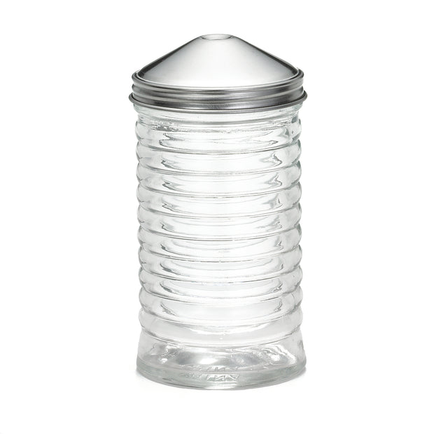A clear ribbed glass 12 oz sugar pourer with a metal, cone-shaped lid and central pouring opening. The cylindrical container features horizontal ridges and stands upright against a white background.