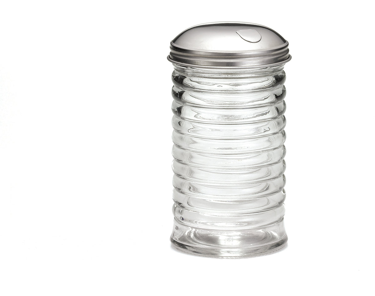 A clear, empty Beehive Collection Sugar Pourer with horizontal ridges. This 12 oz sugar pourer features a shiny metal lid and small pouring spout, photographed against a plain white background.