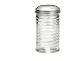 A clear, empty Beehive Collection Sugar Pourer with horizontal ridges. This 12 oz sugar pourer features a shiny metal lid and small pouring spout, photographed against a plain white background.