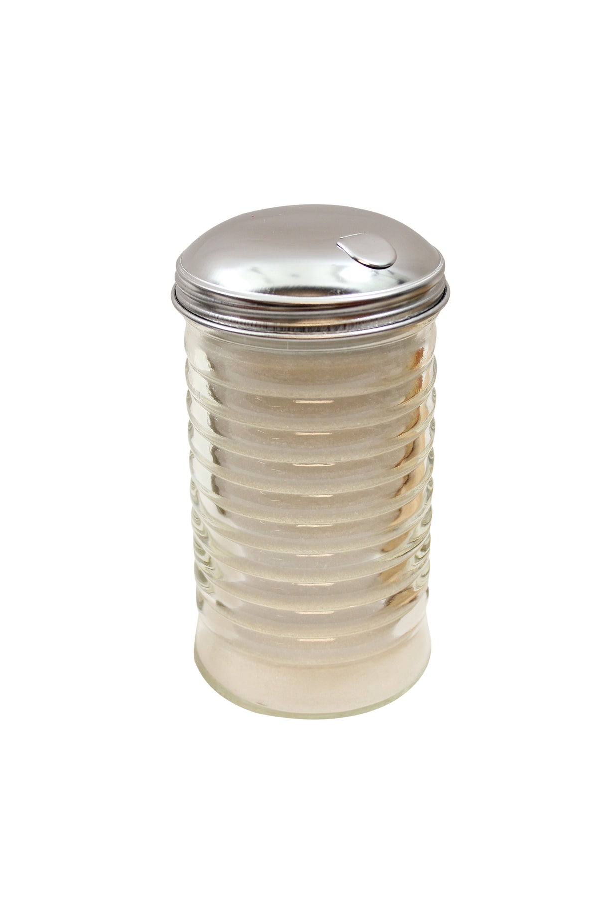 A clear, ribbed glass sugar dispenser filled with white powder, likely sugar or flour, has a shiny, silver-colored metal lid with a small, round indentation as a handle. The 12 oz sugar pourer is centered on a white background.