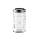 A clear, empty TableCraft cheese shaker from the Beehive Collection, featuring a ribbed body and perforated round metal lid—ideal for dispensing salt, pepper, or spices. Photographed against a plain white background.
