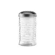 A clear, empty TableCraft cheese shaker from the Beehive Collection, featuring a ribbed body and perforated round metal lid—ideal for dispensing salt, pepper, or spices. Photographed against a plain white background.