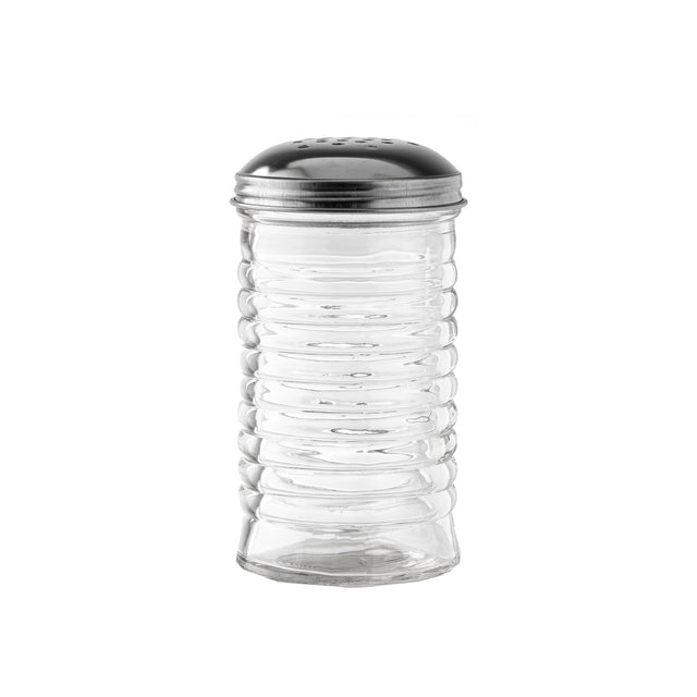 A clear, empty TableCraft cheese shaker from the Beehive Collection, featuring a ribbed body and perforated round metal lid—ideal for dispensing salt, pepper, or spices. Photographed against a plain white background.
