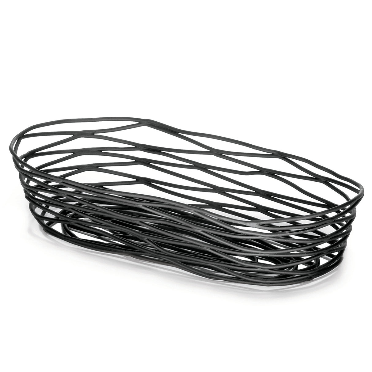 A black powder coated metal basket from the Artisan Collection Basket line, this oval TableCraft BK11709 features an open, airy design with crisscrossing metal strips for a modern, minimalist look. Perfectly showcased against a plain white background.