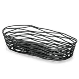 A black powder coated metal basket from the Artisan Collection Basket line, this oval TableCraft BK11709 features an open, airy design with crisscrossing metal strips for a modern, minimalist look. Perfectly showcased against a plain white background.