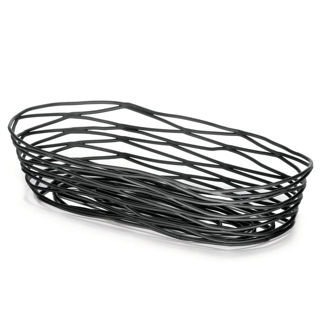 A black powder coated metal basket from the Artisan Collection Basket line, this oval TableCraft BK11709 features an open, airy design with crisscrossing metal strips for a modern, minimalist look. Perfectly showcased against a plain white background.