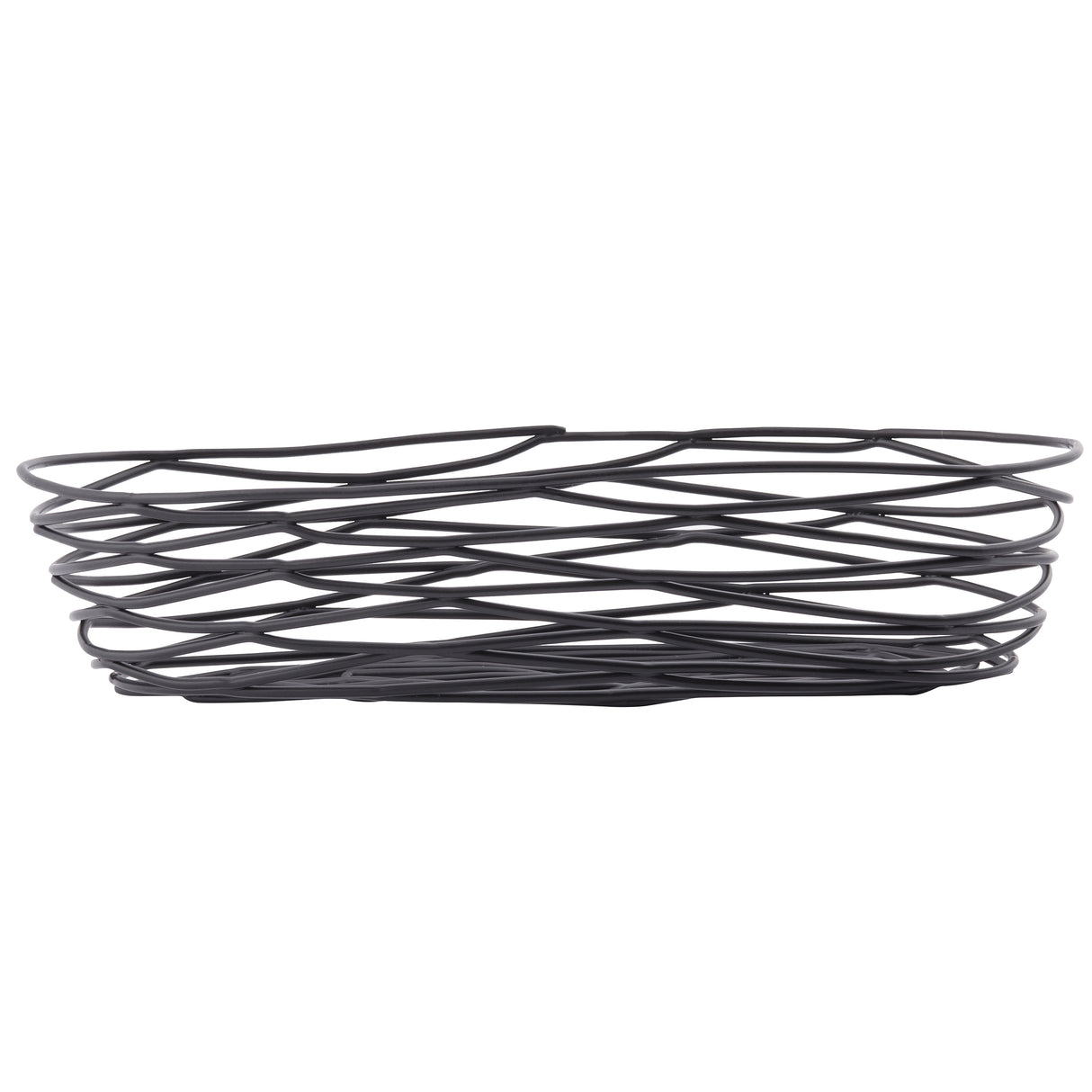 A black powder coated metal basket from the TableCraft BK11709 Artisan Collection, this oval piece features an open geometric design of crisscrossing wires, offering a lightweight, airy look on a plain white background.