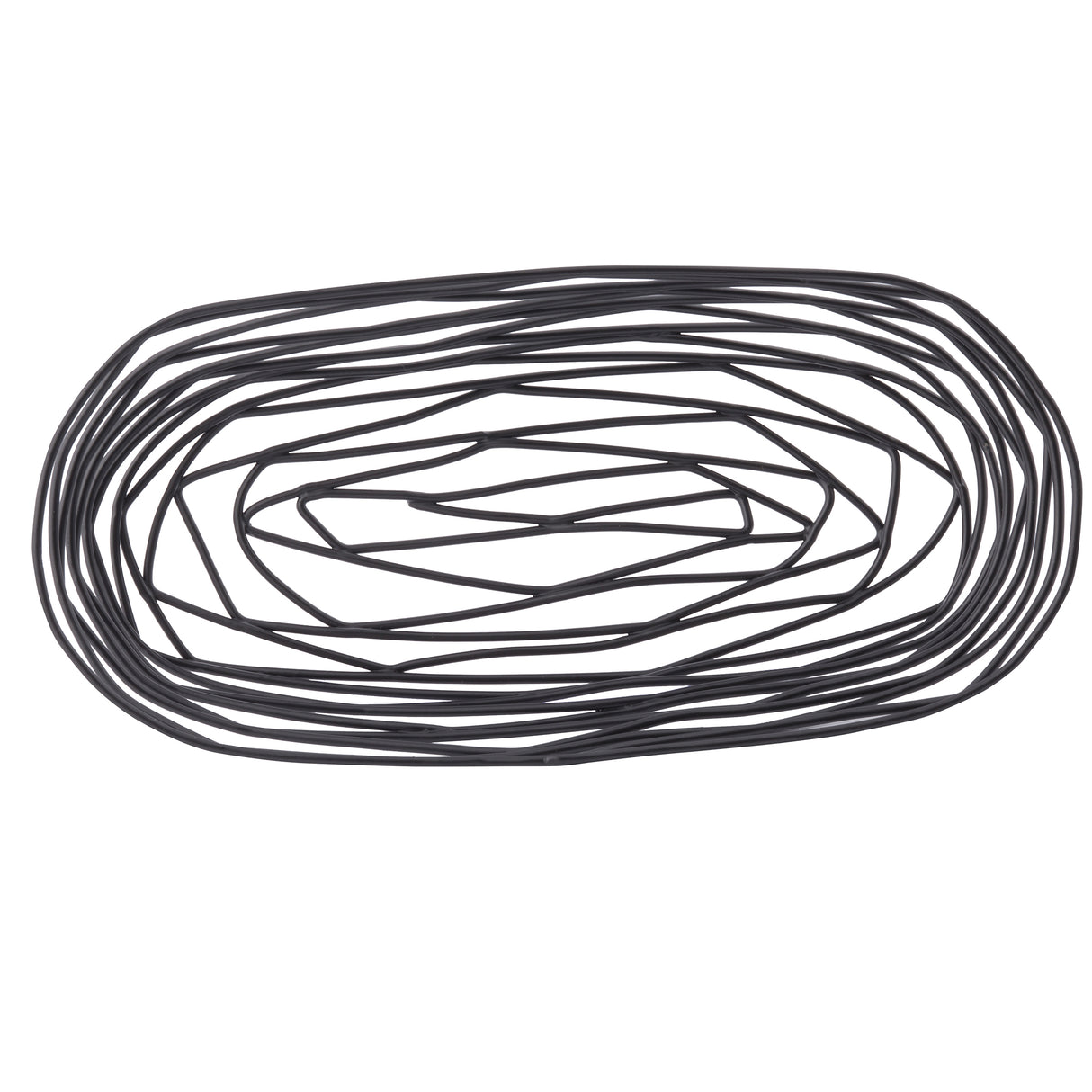 A loosely coiled black wire, reminiscent of the TableCraft BK11709 Artisan Collection Basket, is arranged in an oval shape on a white background, with overlapping loops and irregular circles creating a tangled appearance.