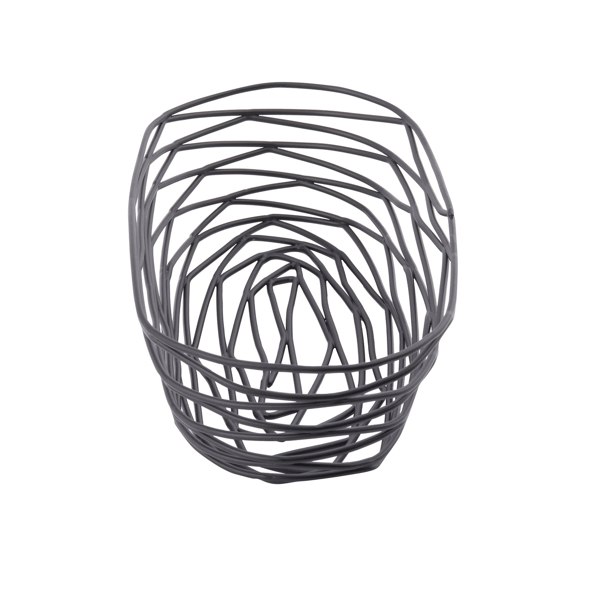 A modern, abstract black powder coated metal basket from the Artisan Collection Basket series. Its dark metal wires twist in a random open pattern, forming an irregular oval shape. The TableCraft BK11709 sits empty on a plain white background.