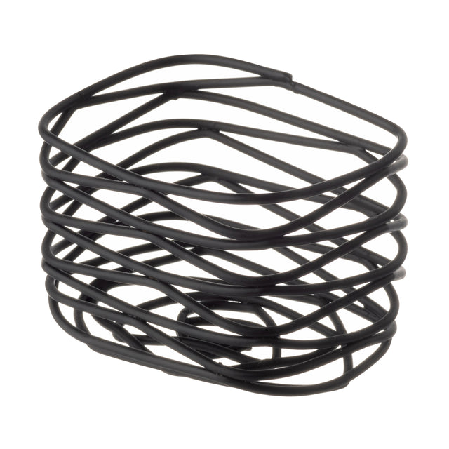 A stack of six irregular, interlocking Black Powder Coated Metal bangles forms an abstract, twisted geometric shape. Thin and unevenly shaped, they create a modern, sculptural look against a plain white background—part of our Artisan Collection.