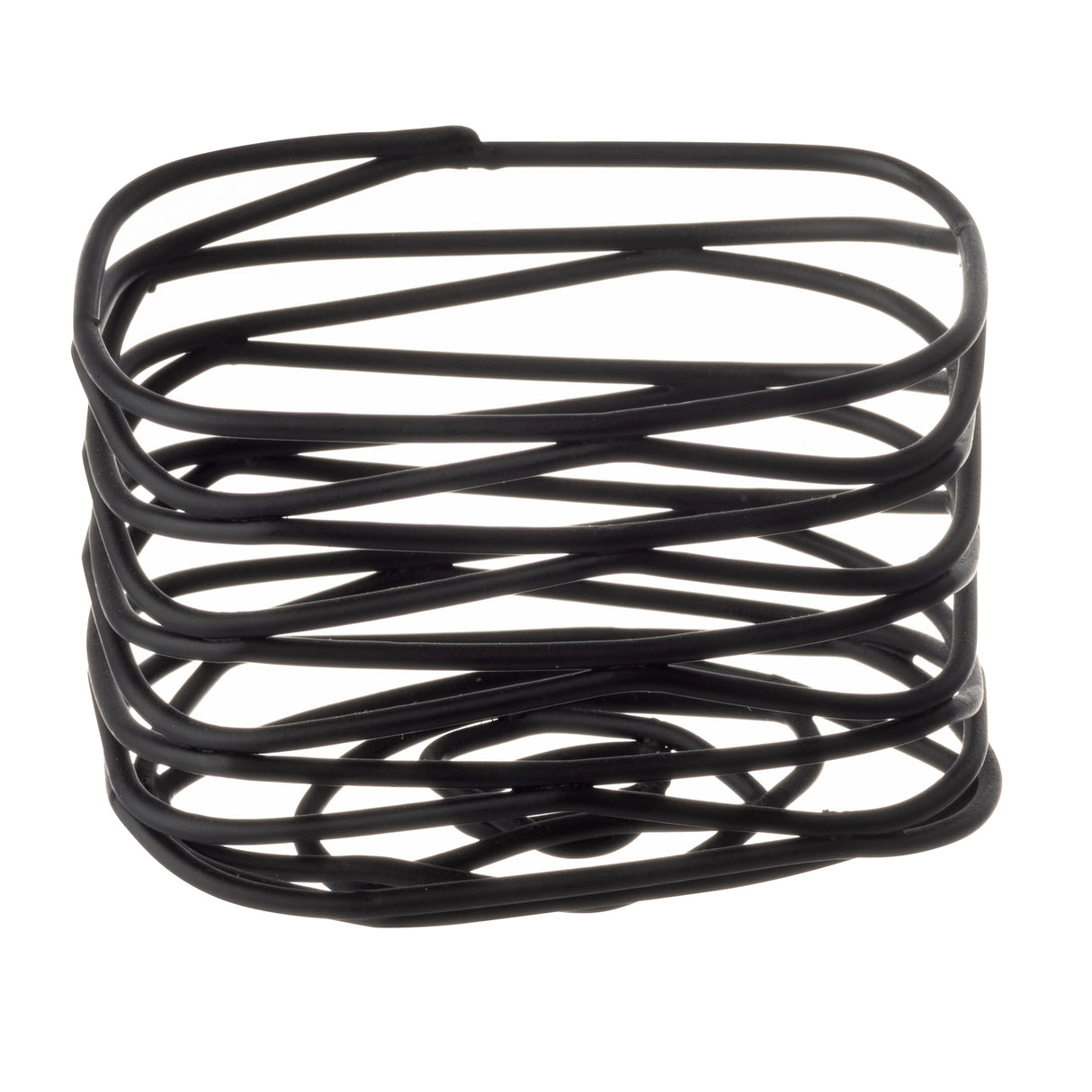A stack of black rubber bands, reminiscent of an Artisan Collection sugar packet holder, is arranged haphazardly in a loose cube shape against a white background. The bands overlap and twist, forming an open and irregular three-dimensional structure.