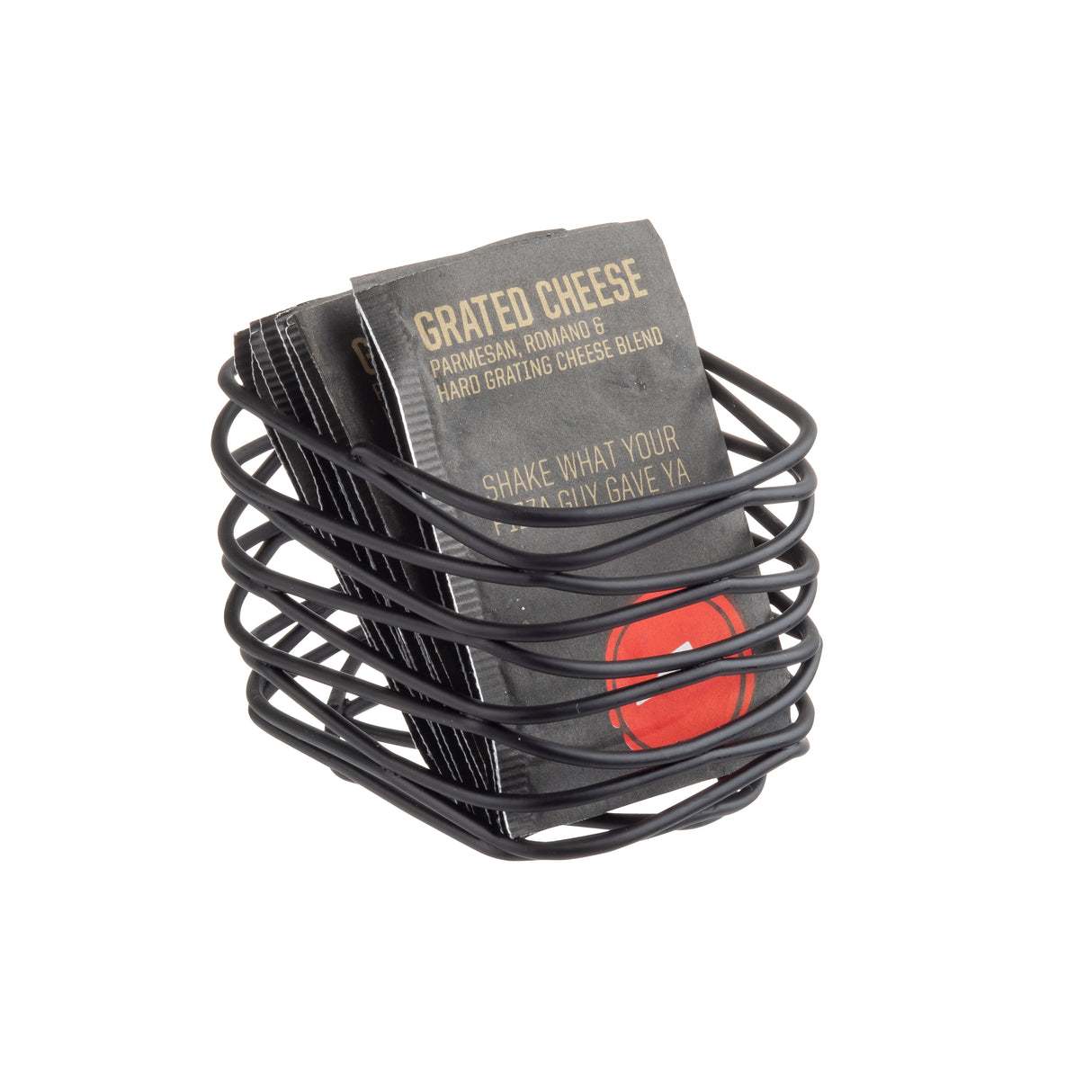 A black powder coated metal wire basket, ideal as a sugar packet holder, displays several dark gray packets labeled “Grated Cheese: Parmesan, Romano & Hard Grating Cheese Blend" with artisan collection style against a white background.