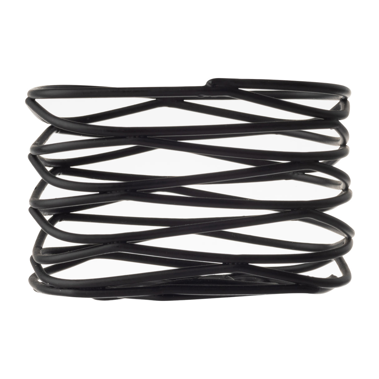 A black powder coated metal wave spring with a helical, layered structure is shown against a white background. Part of the Artisan Collection, its thin, flat bands form a zigzag pattern, resembling a unique Sugar Packet Holder.