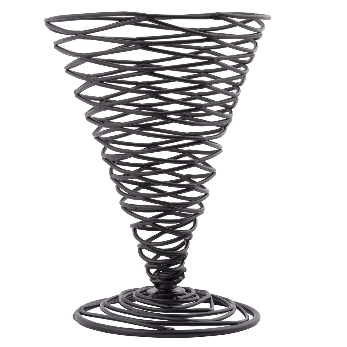 A TableCraft Artisan Collection Appetizer Cone, this black powder coated metal wire sculpture features an inverted cone shape with spiral wires crisscrossed upward from a circular base, forming an airy, geometric lattice pattern that widens at the top and tapers to a narrow bottom.