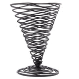 A TableCraft Artisan Collection Appetizer Cone, this black powder coated metal wire sculpture features an inverted cone shape with spiral wires crisscrossed upward from a circular base, forming an airy, geometric lattice pattern that widens at the top and tapers to a narrow bottom.