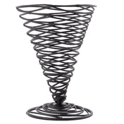 A TableCraft Artisan Collection Appetizer Cone, this black powder coated metal wire sculpture features an inverted cone shape with spiral wires crisscrossed upward from a circular base, forming an airy, geometric lattice pattern that widens at the top and tapers to a narrow bottom.