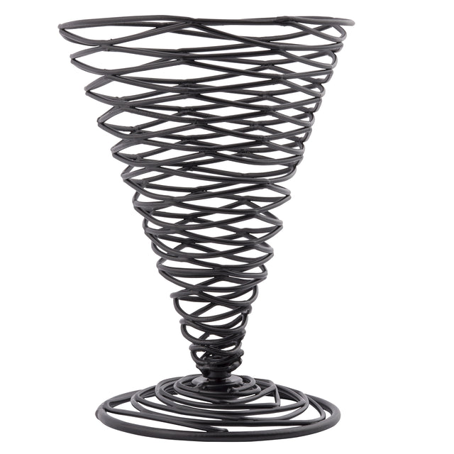 A TableCraft Artisan Collection Appetizer Cone, this black powder coated metal wire sculpture features an inverted cone shape with spiral wires crisscrossed upward from a circular base, forming an airy, geometric lattice pattern that widens at the top and tapers to a narrow bottom.