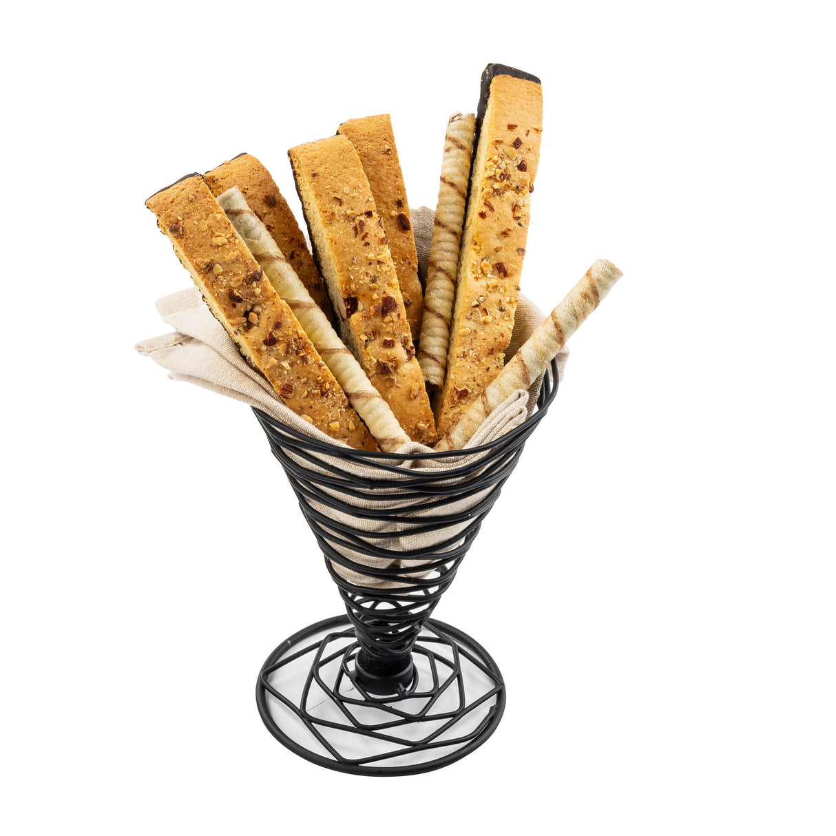 The TableCraft Artisan Collection Appetizer Cone is a black powder coated metal wire holder containing several biscotti and wafer rolls standing upright on a white napkin, isolated on a white background.