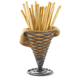 A TableCraft black powder coated metal Artisan Collection Appetizer Cone, lined with brown cloth, holds several golden, crispy breadsticks standing upright against a white background.