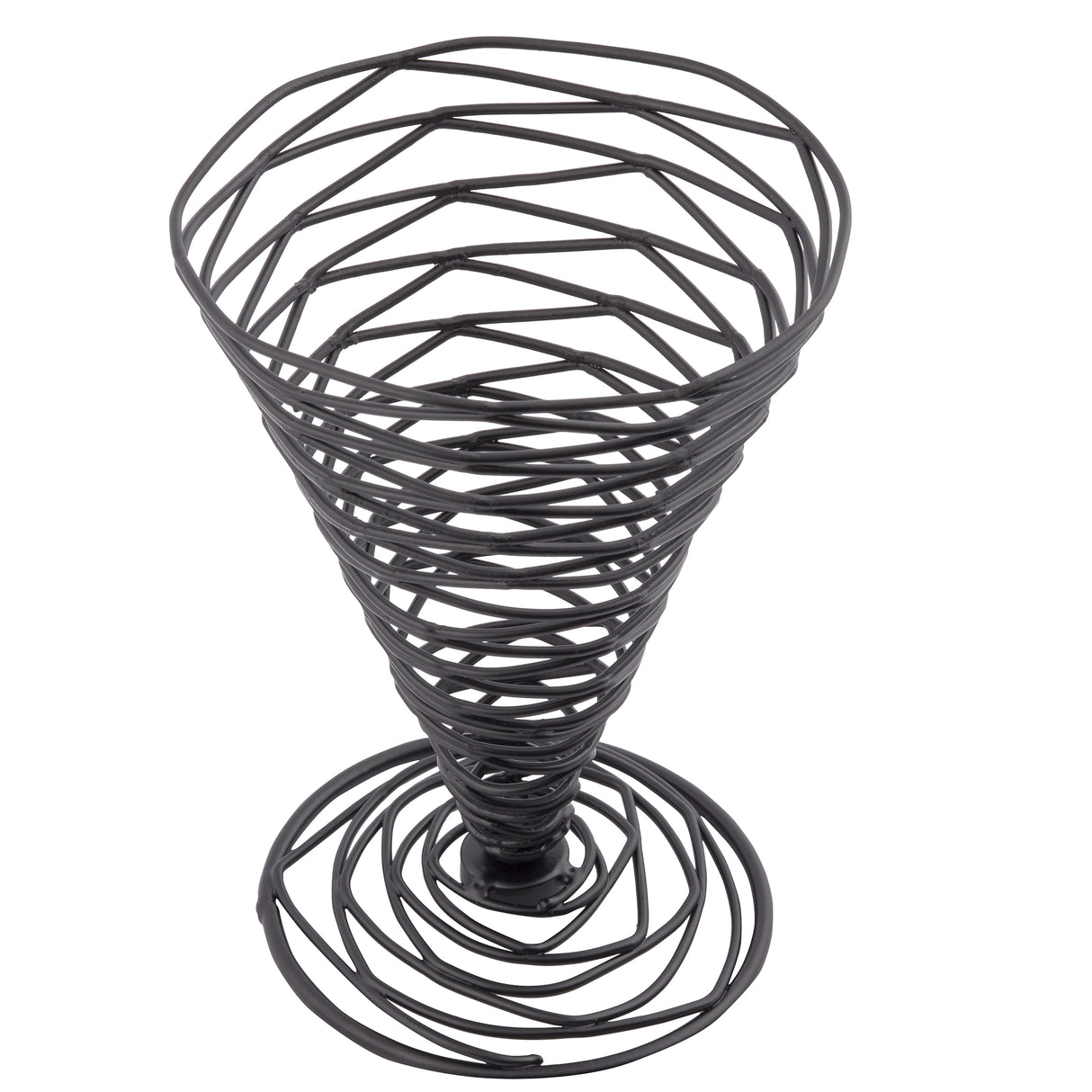 A black powder coated metal wire basket shaped like a wide-mouthed, tapered cone with an open spiral design stands upright on a flat spiral base. From TableCraft’s Artisan Collection Appetizer Cone, its evenly spaced coils create a geometric, airy structure.