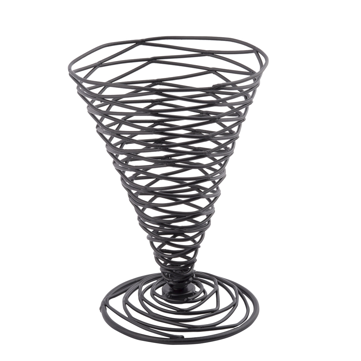 A black powder coated metal wire basket from TableCraft’s Artisan Collection Appetizer Cone, shaped like an inverted cone with an open, spiral design on a circular base. Its airy, geometric structure allows visibility through the gaps.