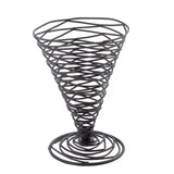 A black powder coated metal wire basket from TableCraft’s Artisan Collection Appetizer Cone, shaped like an inverted cone with an open, spiral design on a circular base. Its airy, geometric structure allows visibility through the gaps.