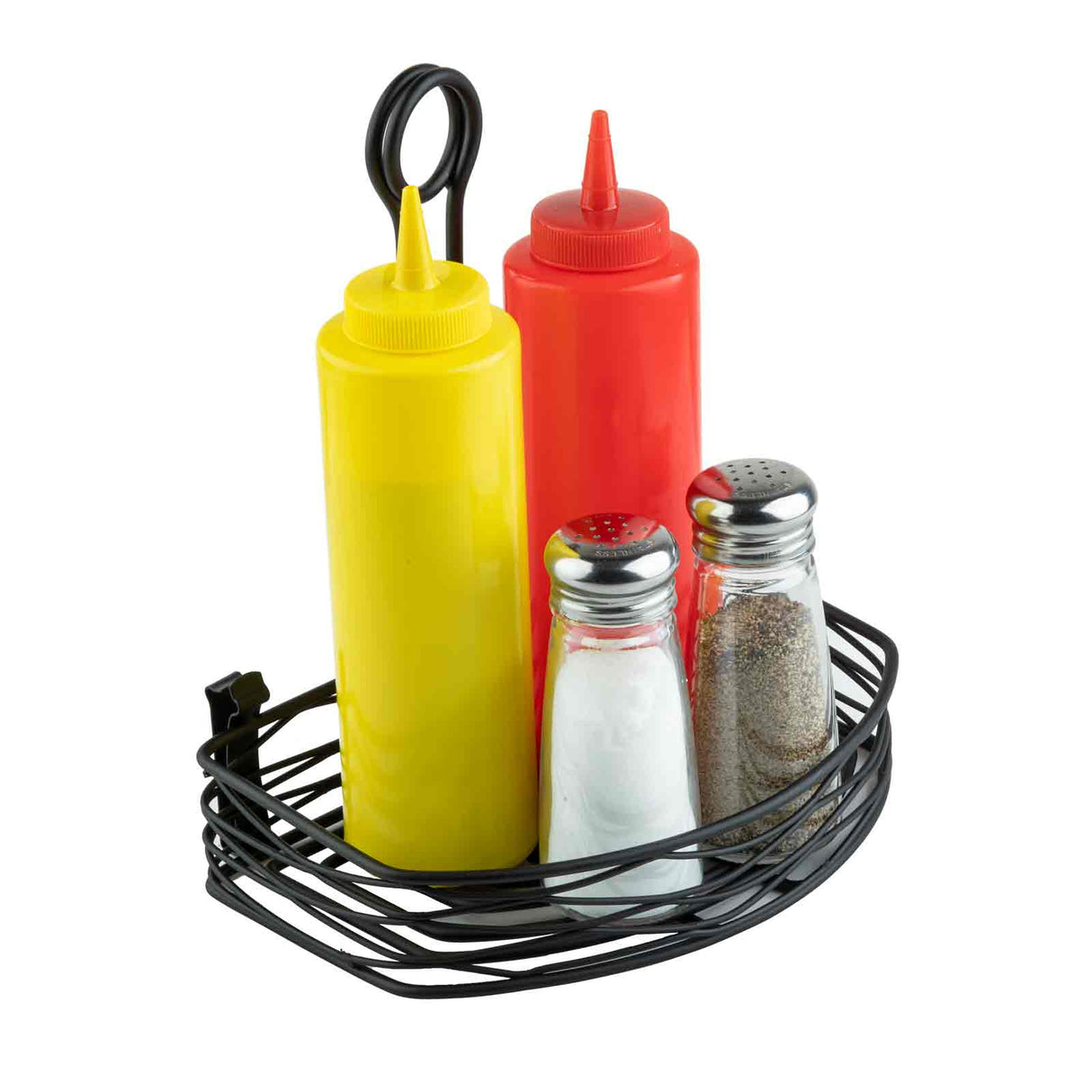 A black powder coated metal wire caddy holds a yellow squeeze bottle for mustard, a red one for ketchup, plus glass salt and pepper shakers with metal lids, all displayed against a white background. Ideal for an Artisan Versa Rack setup.
