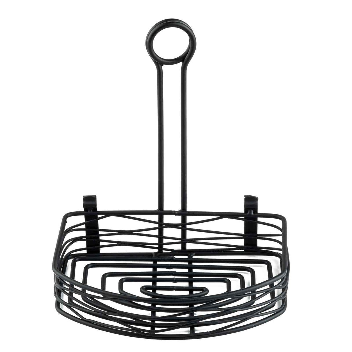 A black powder coated metal shower caddy with a rectangular basket, open grid design, and tall handle featuring a merchandising ring for hanging. Two small hooks at the back provide extra support, making this an ideal Artisan Versa Rack for your bathroom.