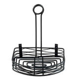 A black powder coated metal shower caddy with a rectangular basket, open grid design, and tall handle featuring a merchandising ring for hanging. Two small hooks at the back provide extra support, making this an ideal Artisan Versa Rack for your bathroom.