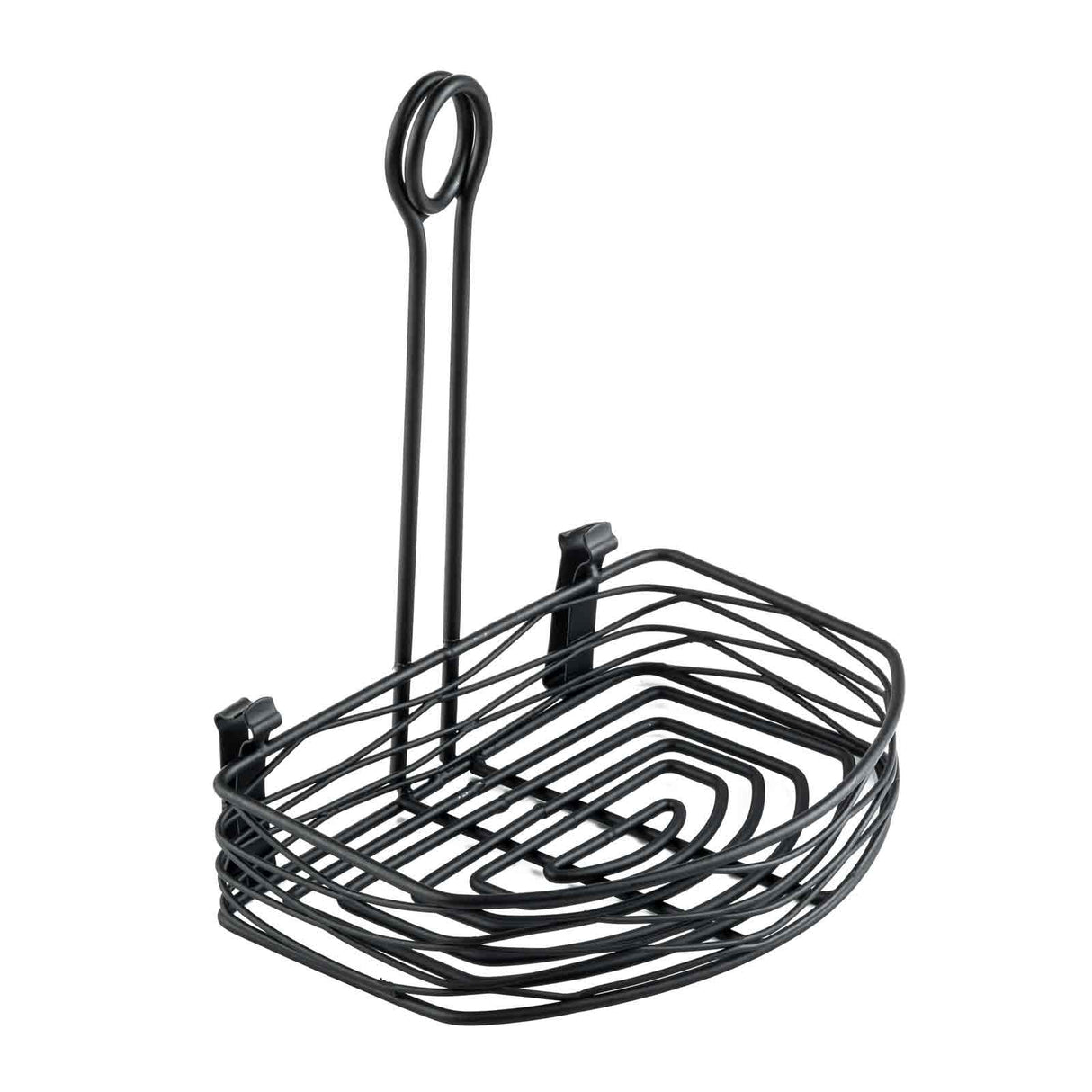 Black powder coated metal shower caddy with an oval basket and two hooks for hanging. The caddy features a merchandising ring at the top, perfect for display, and a minimalist geometric design inspired by the Artisan Versa Rack.