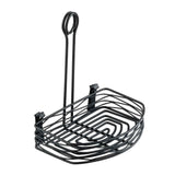Black powder coated metal shower caddy with an oval basket and two hooks for hanging. The caddy features a merchandising ring at the top, perfect for display, and a minimalist geometric design inspired by the Artisan Versa Rack.