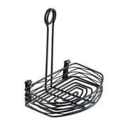 Black powder coated metal shower caddy with an oval basket and two hooks for hanging. The caddy features a merchandising ring at the top, perfect for display, and a minimalist geometric design inspired by the Artisan Versa Rack.