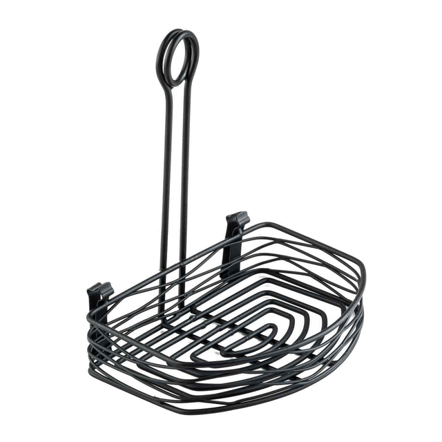 Black powder coated metal shower caddy with an oval basket and two hooks for hanging. The caddy features a merchandising ring at the top, perfect for display, and a minimalist geometric design inspired by the Artisan Versa Rack.