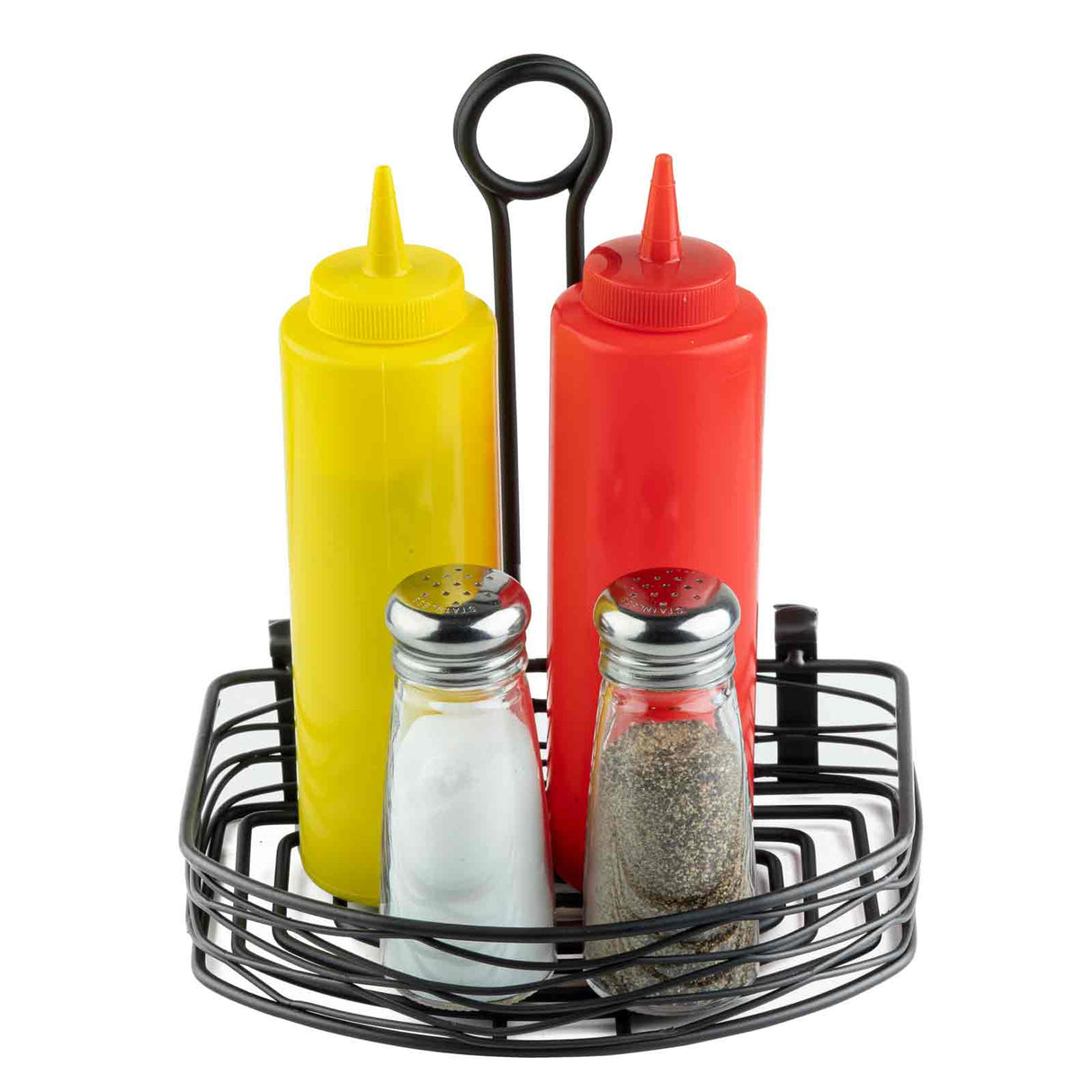 A black powder coated metal caddy holds a yellow squeeze bottle (mustard), a red squeeze bottle (ketchup), a glass salt shaker, and a glass pepper shaker. The bottles have pointed caps, the shakers have silver tops, and the background is white.