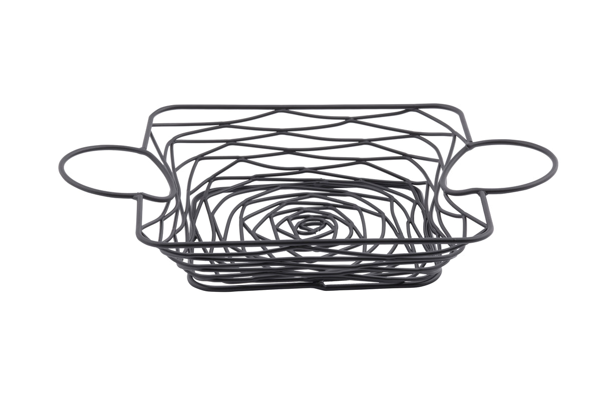 A square, black powder coated metal wire basket with open sides and a spiral pattern on the bottom. Part of the Artisan Collection Basket line, it features two large oval handles and is set empty against a plain white background.