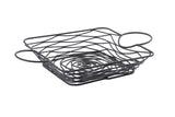 Square, black powder coated metal Artisan Collection Basket with two round handles. Its open, geometric design features wavy lines for a modern, airy look and minimalist matte finish—crafted for style and function.