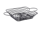 Square, black powder coated metal Artisan Collection Basket with two round handles. Its open, geometric design features wavy lines for a modern, airy look and minimalist matte finish—crafted for style and function.