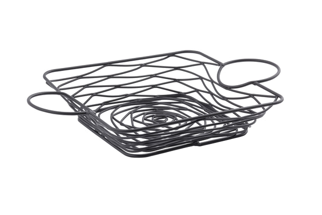 Square, black powder coated metal Artisan Collection Basket with two round handles. Its open, geometric design features wavy lines for a modern, airy look and minimalist matte finish—crafted for style and function.