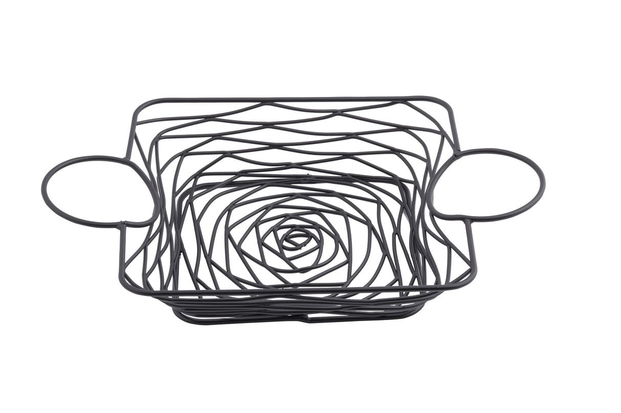 A square black powder coated metal wire basket with swirling, spiral patterns at the base and sides, part of the Artisan Collection Basket. It features two large, round handles on opposite sides. The background is plain white.