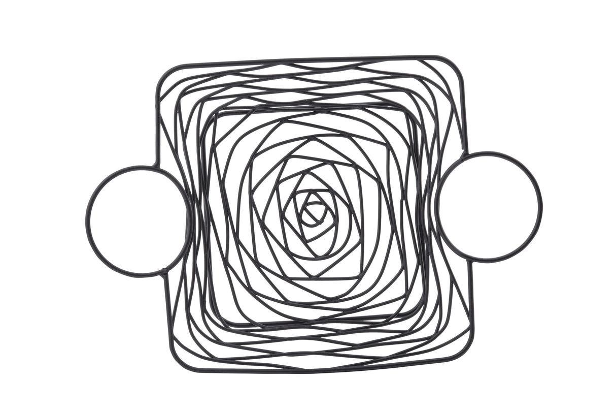 A geometric black line drawing featuring overlapping squares forming a spiral pattern, centered between two solid black-outlined circles on each side—reminiscent of an Artisan Collection Basket crafted from black powder coated metal, all on a white background.