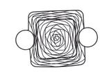 A geometric black line drawing featuring overlapping squares forming a spiral pattern, centered between two solid black-outlined circles on each side—reminiscent of an Artisan Collection Basket crafted from black powder coated metal, all on a white background.