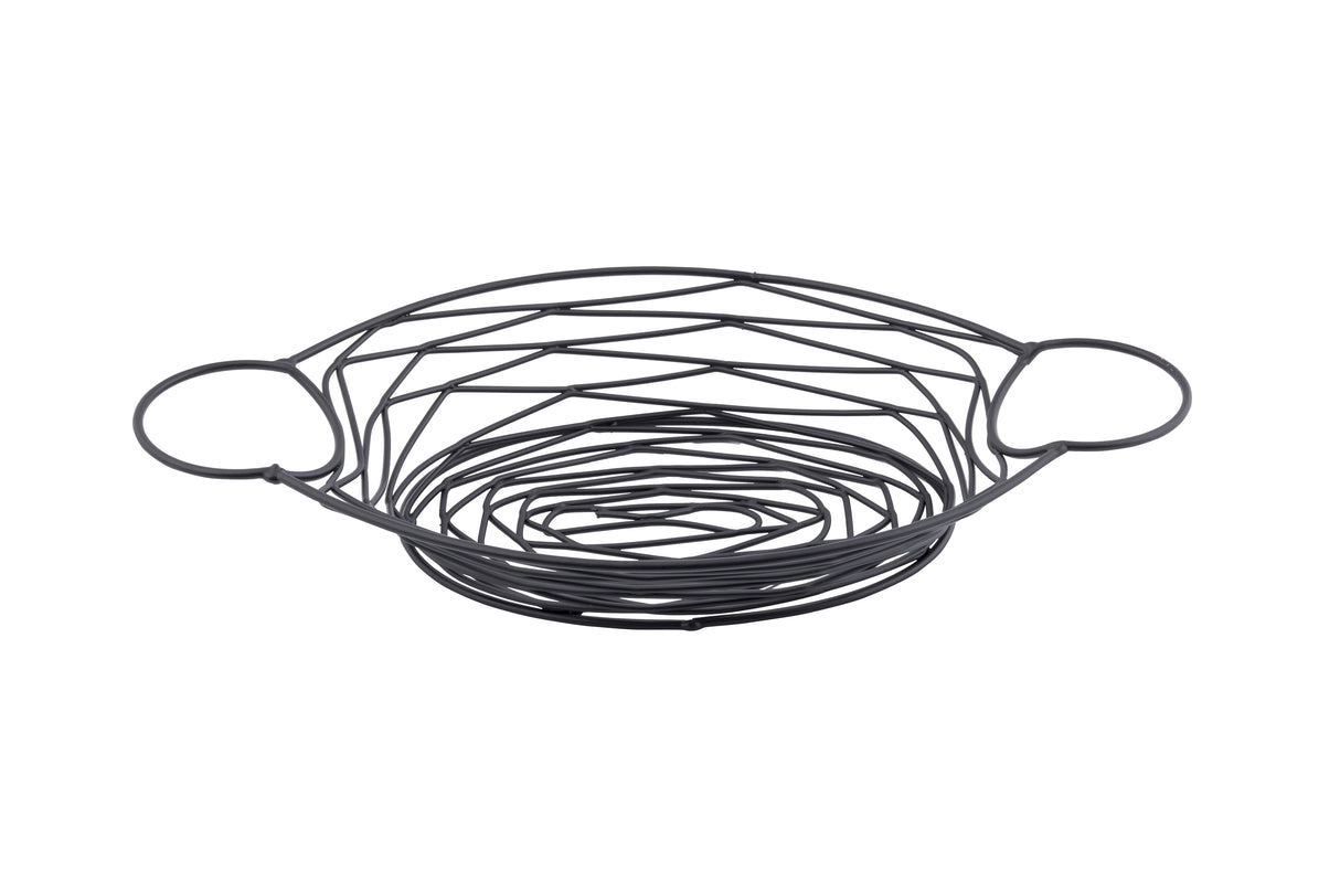 A round, black powder coated metal Artisan Collection basket with a geometric crisscross design, two circular handles, and an open structure is photographed against a plain white background. The modern basket is empty and minimalist in style.
