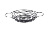 A round, black powder coated metal Artisan Collection basket with a geometric crisscross design, two circular handles, and an open structure is photographed against a plain white background. The modern basket is empty and minimalist in style.